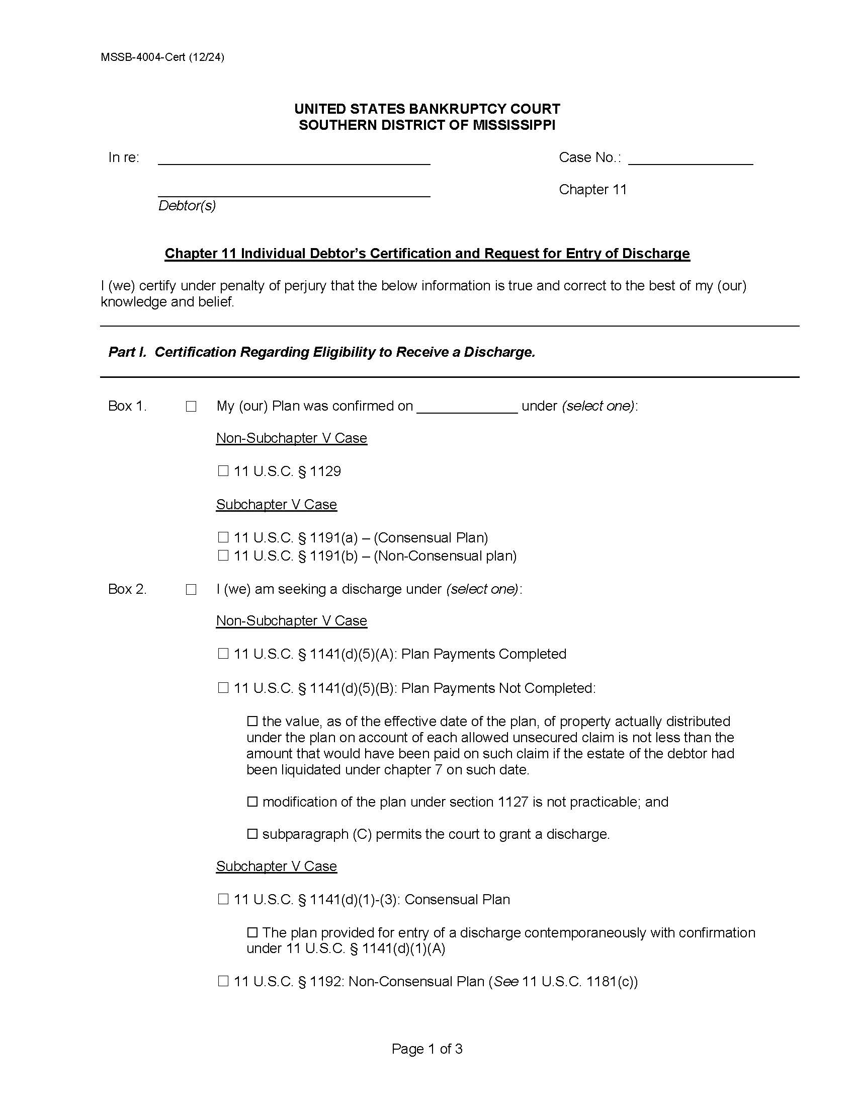 Chapter 11 Individual Debtors Certification And Request For Entry Of Discharge {MSSB-4004} | Pdf Fpdf Docx | Mississippi
