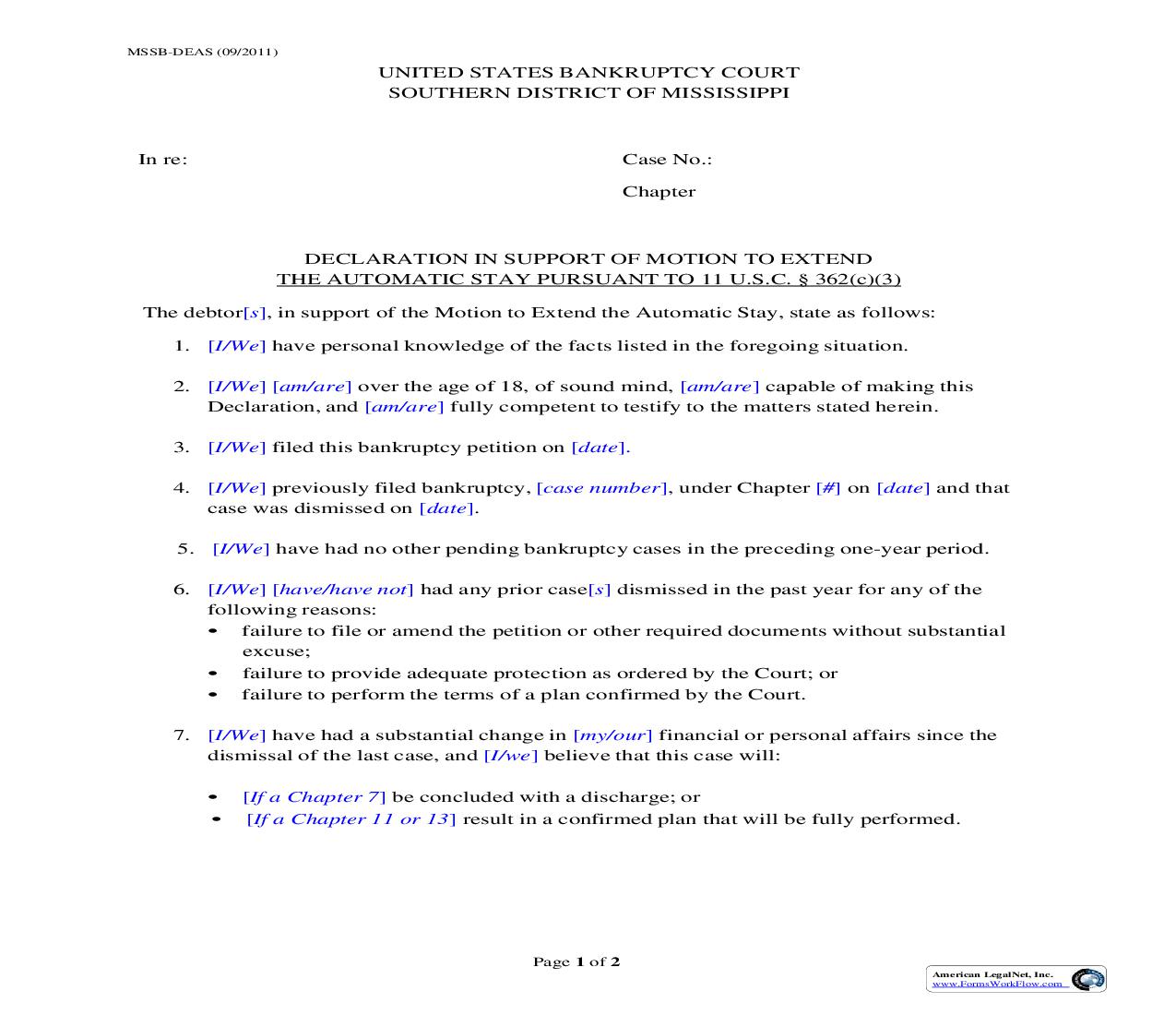 Declaration In Support Of Motion To Extend The Automatic Stay {MSSB-DEAS} | Pdf Fpdf Doc Docx | Mississippi