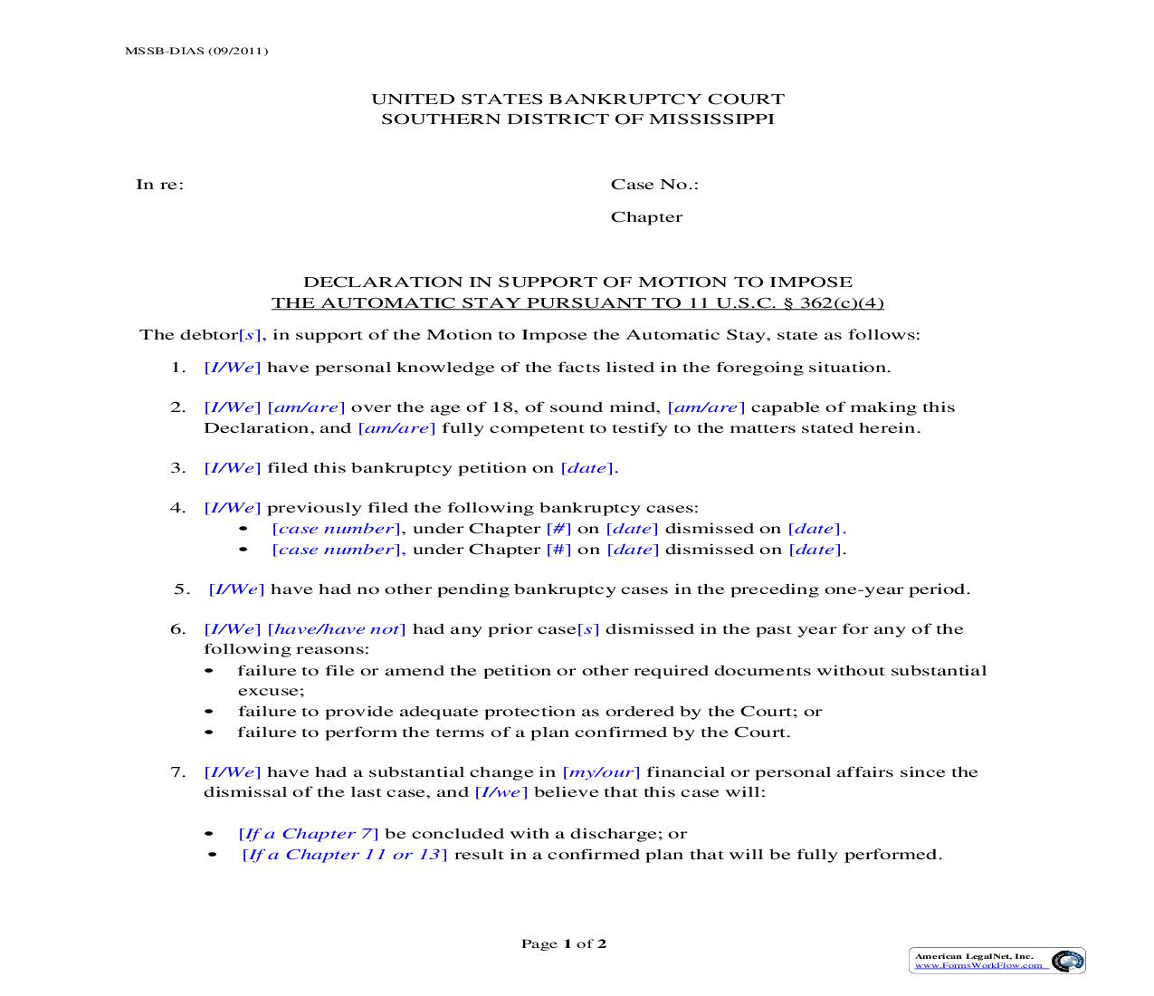 Declaration In Support Of Motion To Impose The Automatic Stay {MSSB-DIAS} | Pdf Fpdf Doc Docx | Mississippi