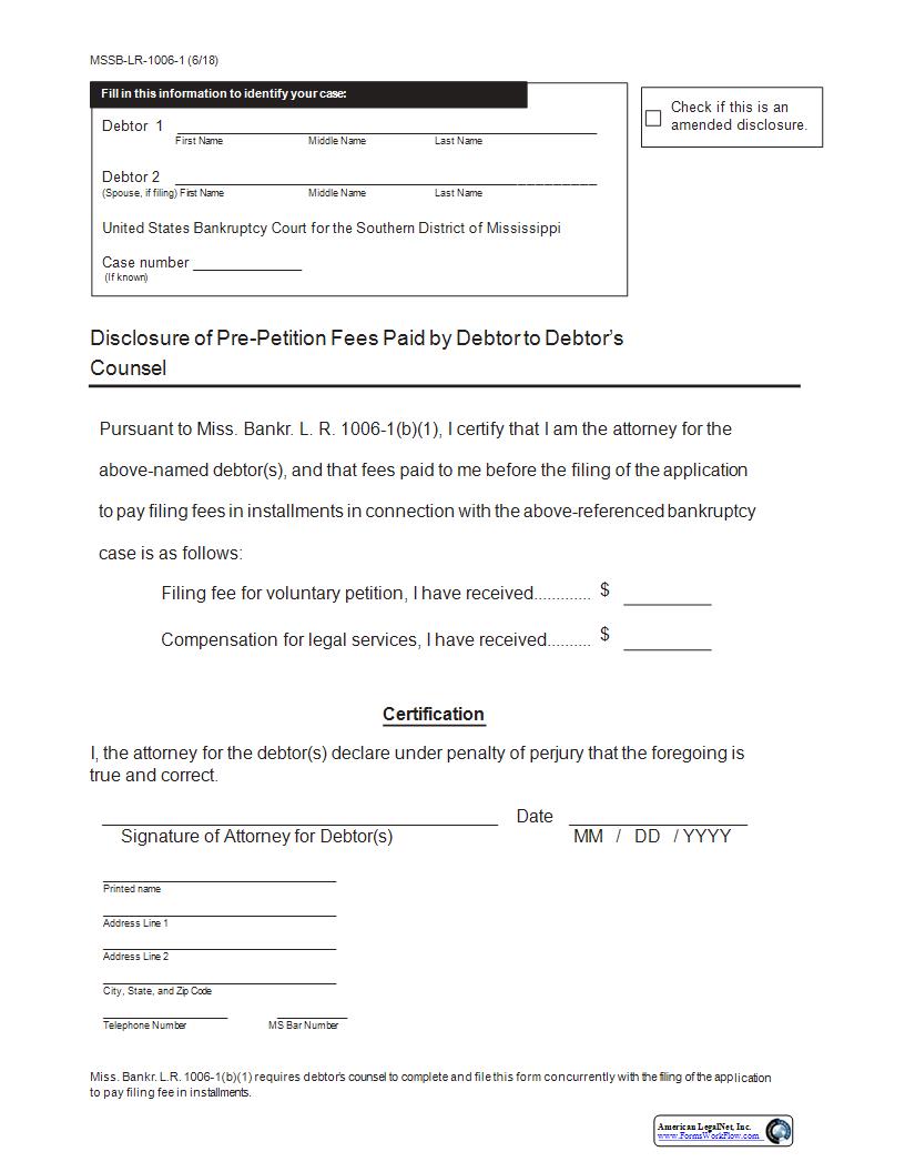 Disclosure Of Pre-Petition Fees Paid By Debtor To Debtors Counsel {MSSB-LR-1006-1} | Pdf Fpdf Docx | Mississippi