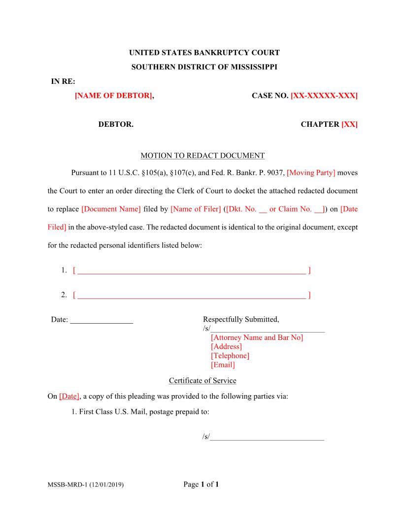 Motion To Redact Document {MSSB-MRD-1} | Pdf Fpdf Docx | Mississippi