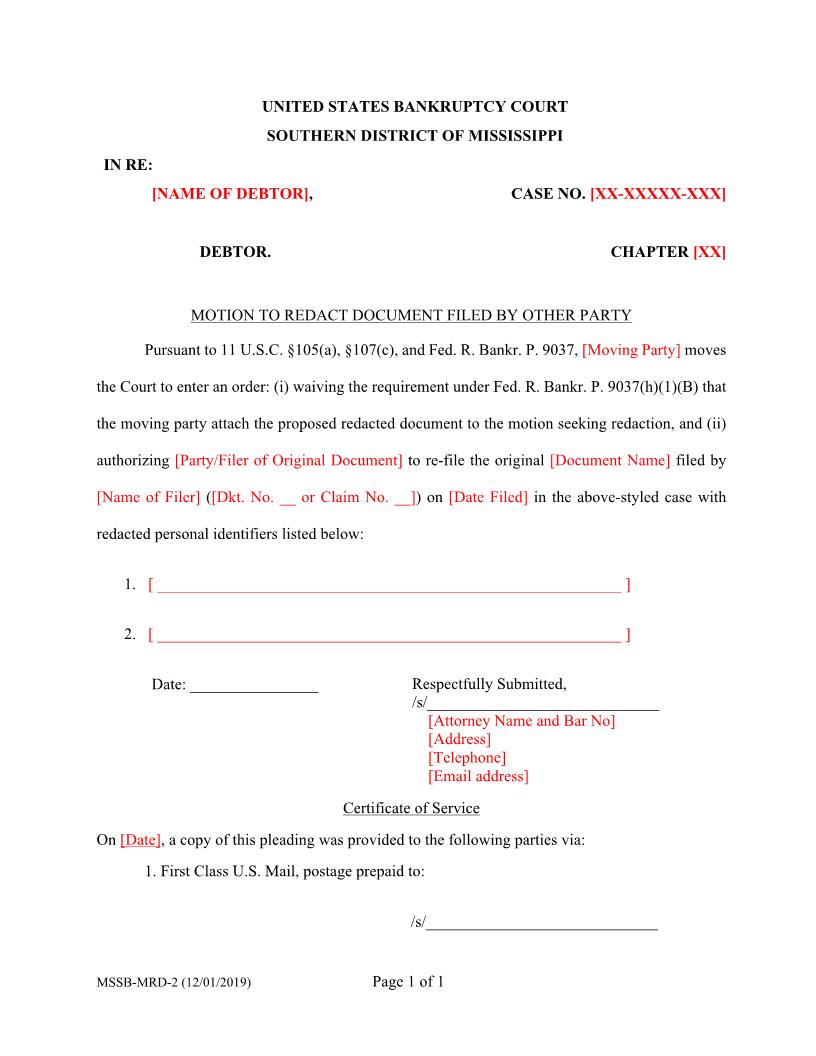 Motion To Redact Document Filed By Other Party {MSSB-MRD-2} | Pdf Fpdf Docx | Mississippi