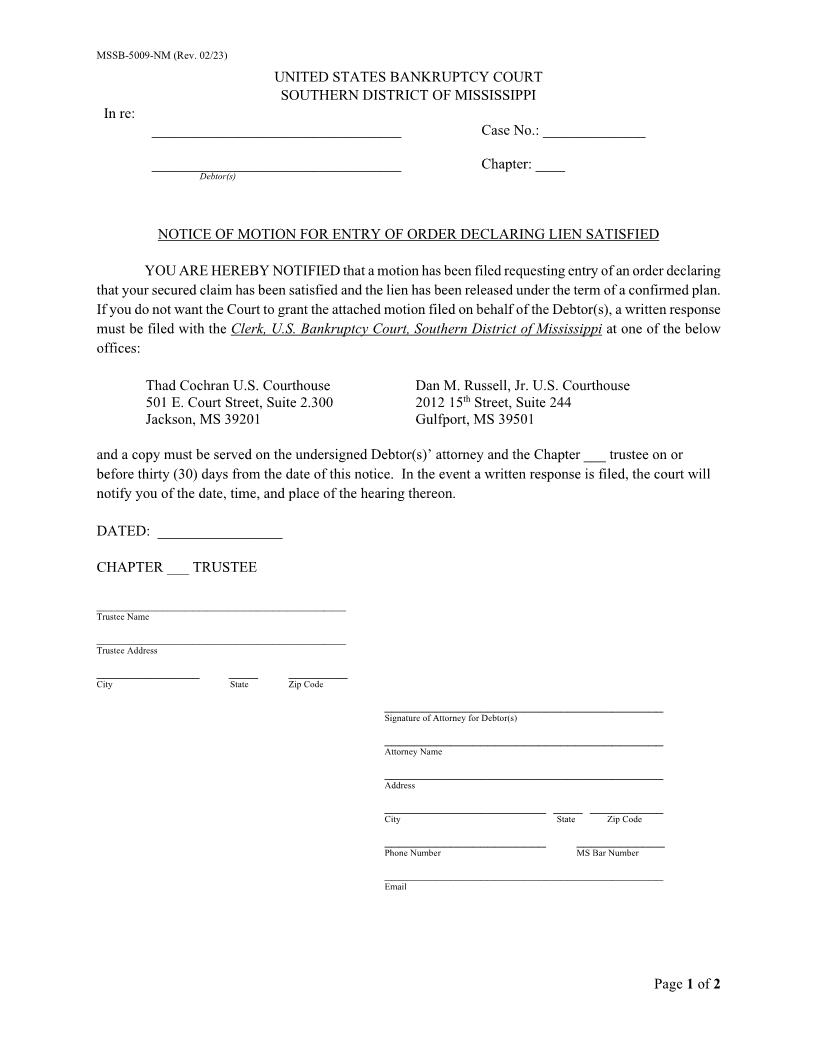 Notice And Motion For Entry Of Order Declaring Lien Satisfied {MSSB-5009-NM} | Pdf Fpdf Docx | Mississippi