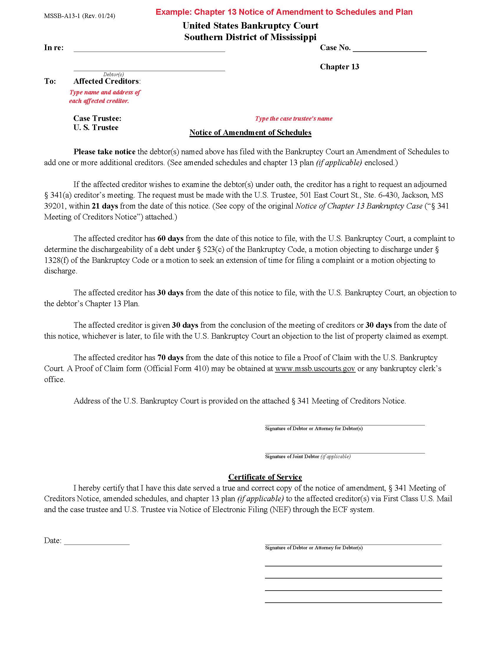 Notice Of Amendment Of Schedules Chapter 13 {MSSB-A13-1} | Pdf Fpdf Docx | Mississippi