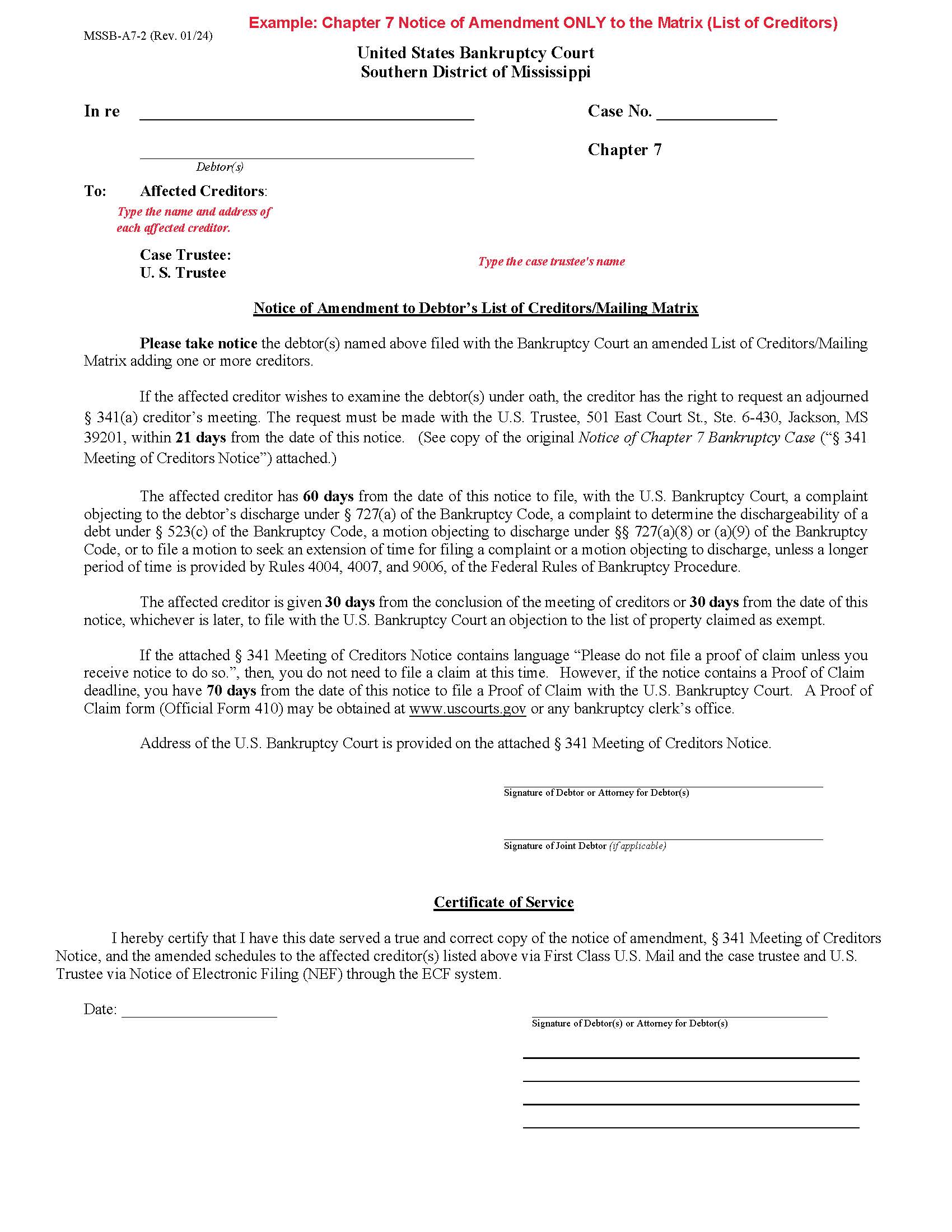 Notice Of Amendment Of Schedules Chapter 7 Asset {MSSB-A7-2} | Pdf Fpdf Docx | Mississippi