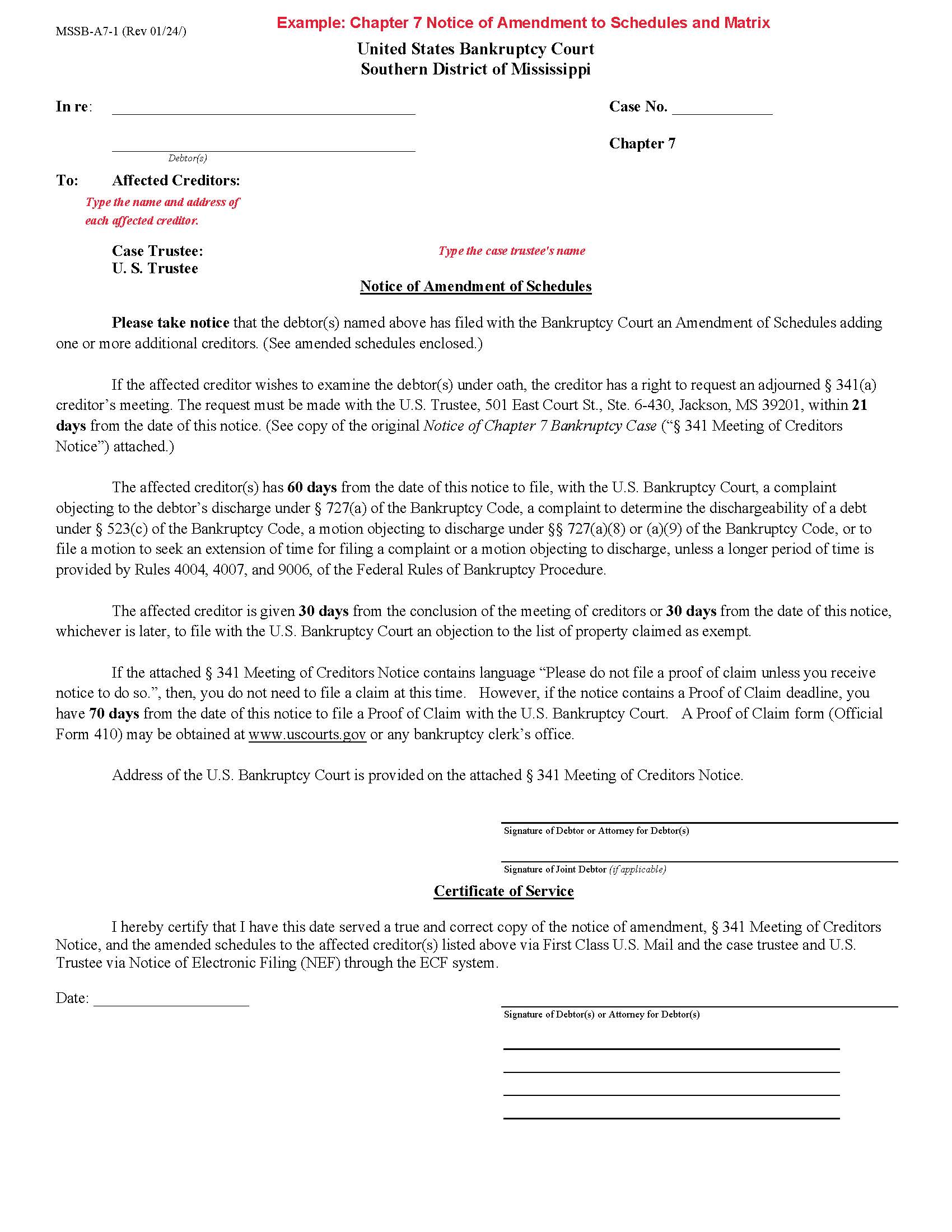 Notice Of Amendment Of Schedules Chapter 7 No Asset {MSSB-A7-1} | Pdf Fpdf Docx | Mississippi