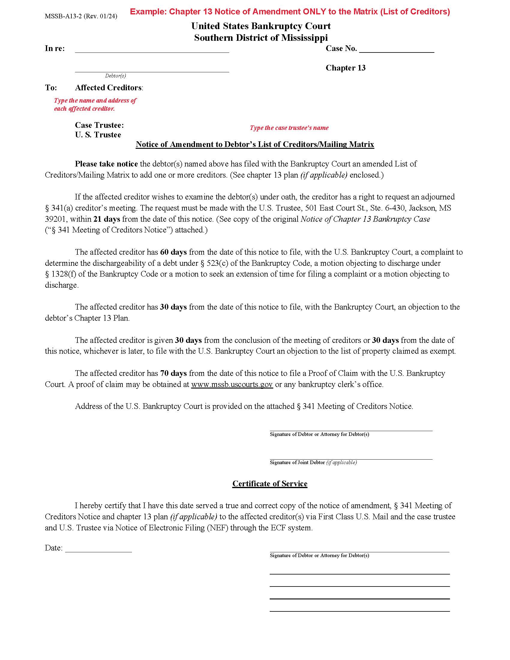 Notice Of Amendment To Debtors List Of Creditors Mailing Matrix Chapter 13 {MSSB-A13-2} | Pdf Fpdf Docx | Mississippi