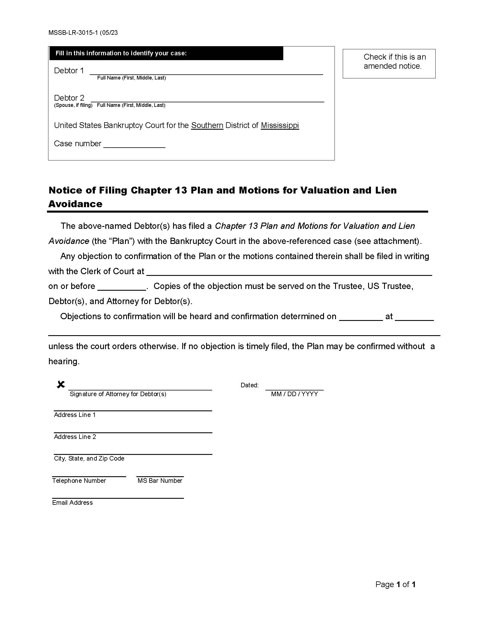 Notice Of Filing Chapter 13 Plan {MSSB-LR-3015-1} | Pdf Fpdf Docx | Mississippi