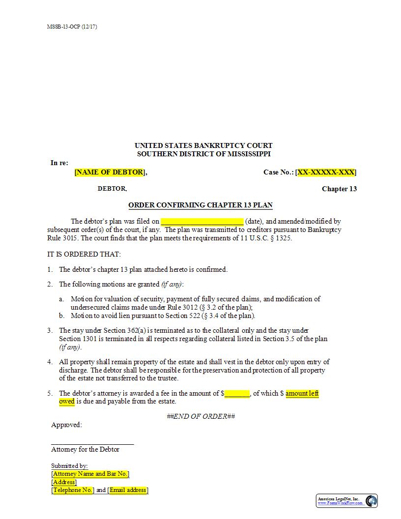 Order Confirming Chapter 13 Plan {MSSB-13-OCP} | Pdf Fpdf Docx | Mississippi