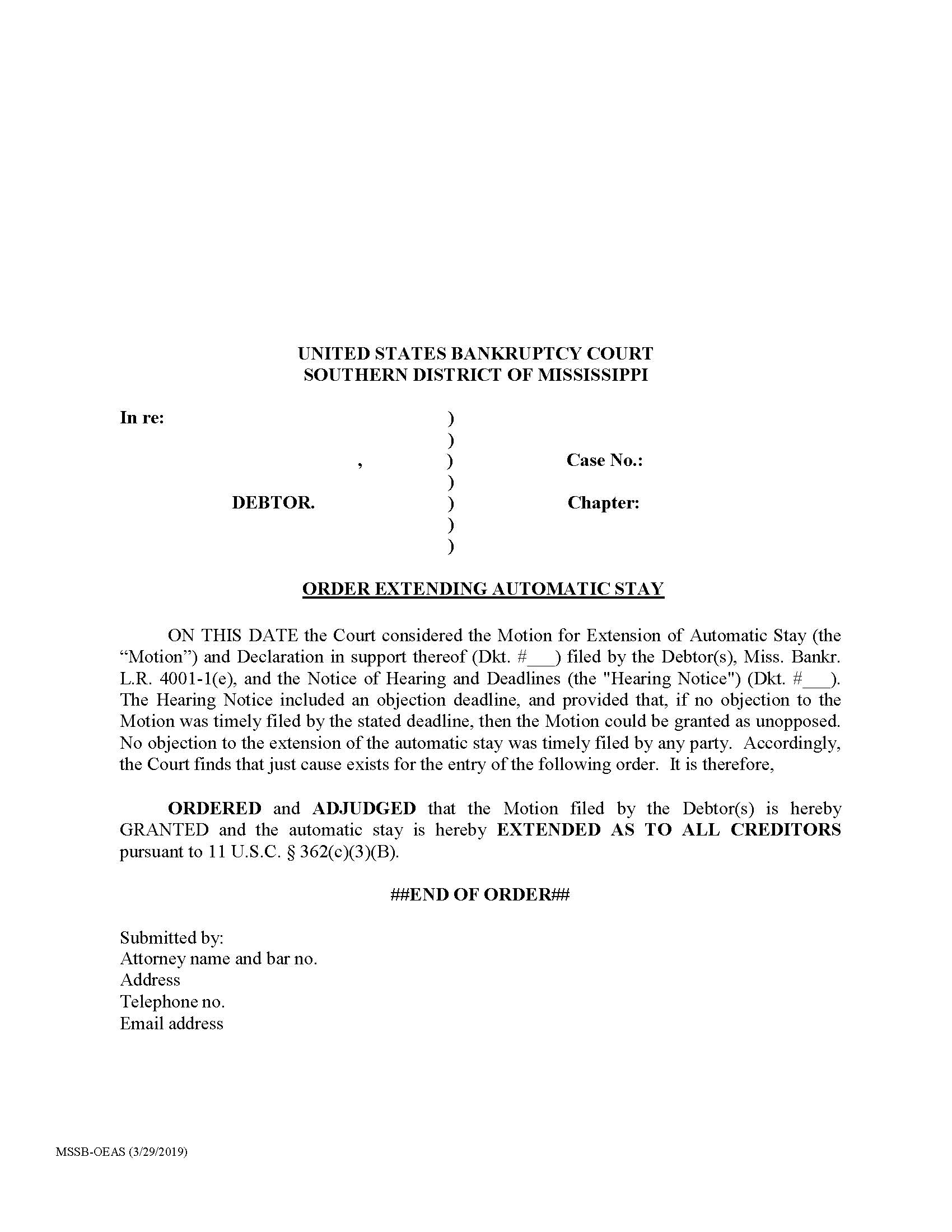 Order Extending Automatic Stay {MSSB-OEAS} | Pdf Fpdf Doc Docx | Mississippi
