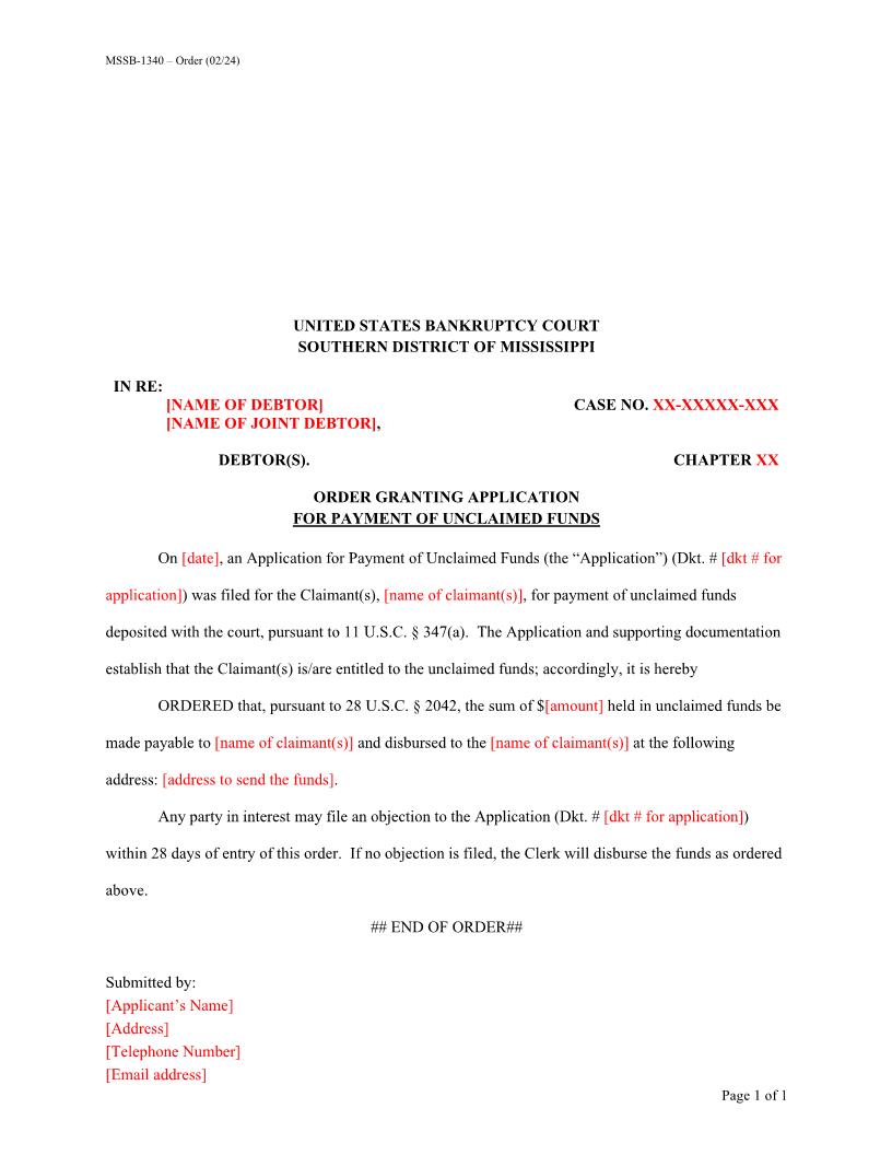 Order Granting Application For Payment Of Unclaimed Funds {MSSB-1340} | Pdf Fpdf Docx | Mississippi