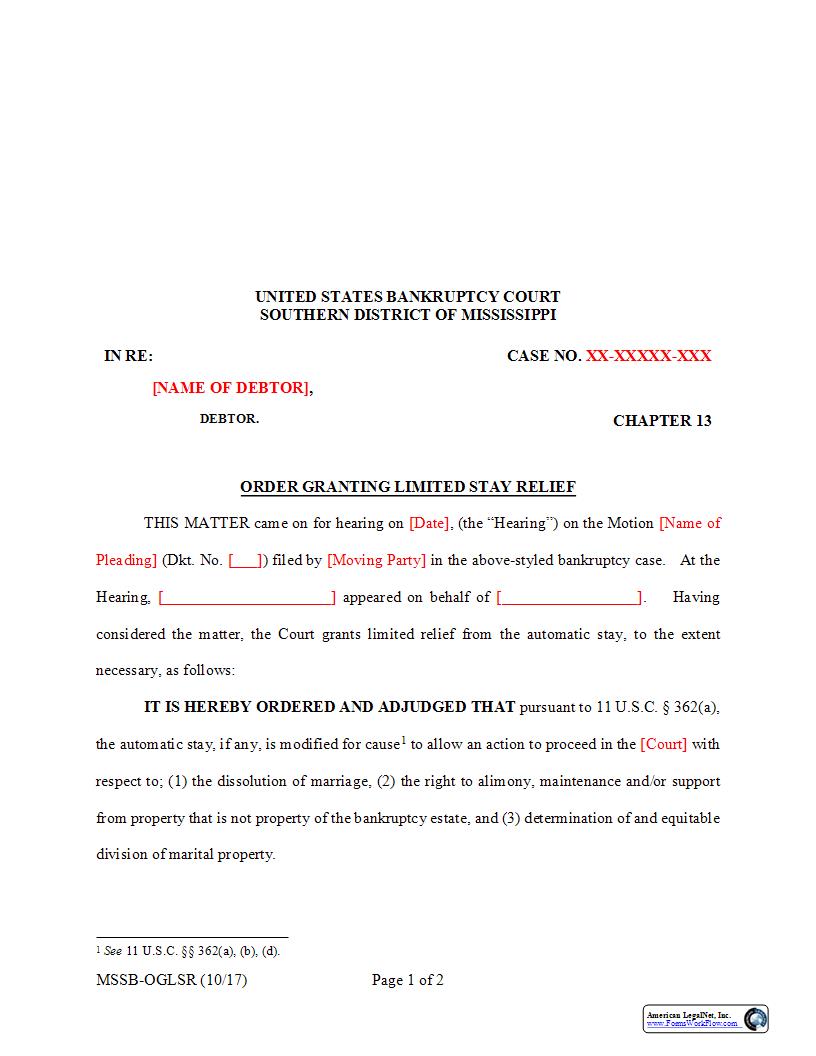 Order Granting Limited Stay Relief (Dissolution Of Marriage) {MSSB-OGLSR} | Pdf Fpdf Docx | Mississippi