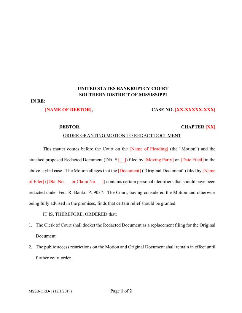 Order Granting Motion To Redact Document {MSSB-ORD-1} | Pdf Fpdf Docx | Mississippi