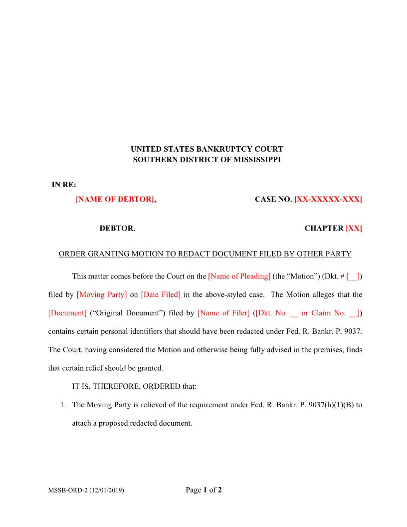 Order Granting Motion To Redact Document Filed By Other Party {MSSB-ORD-2} | Pdf Fpdf Docx | Mississippi