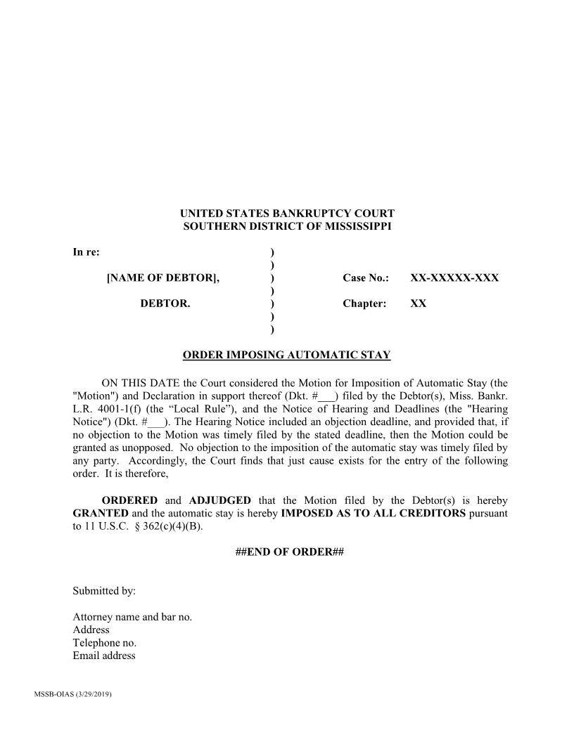 Order Imposing Automatic Stay {MSSB-OIAS} | Pdf Fpdf Doc Docx | Mississippi