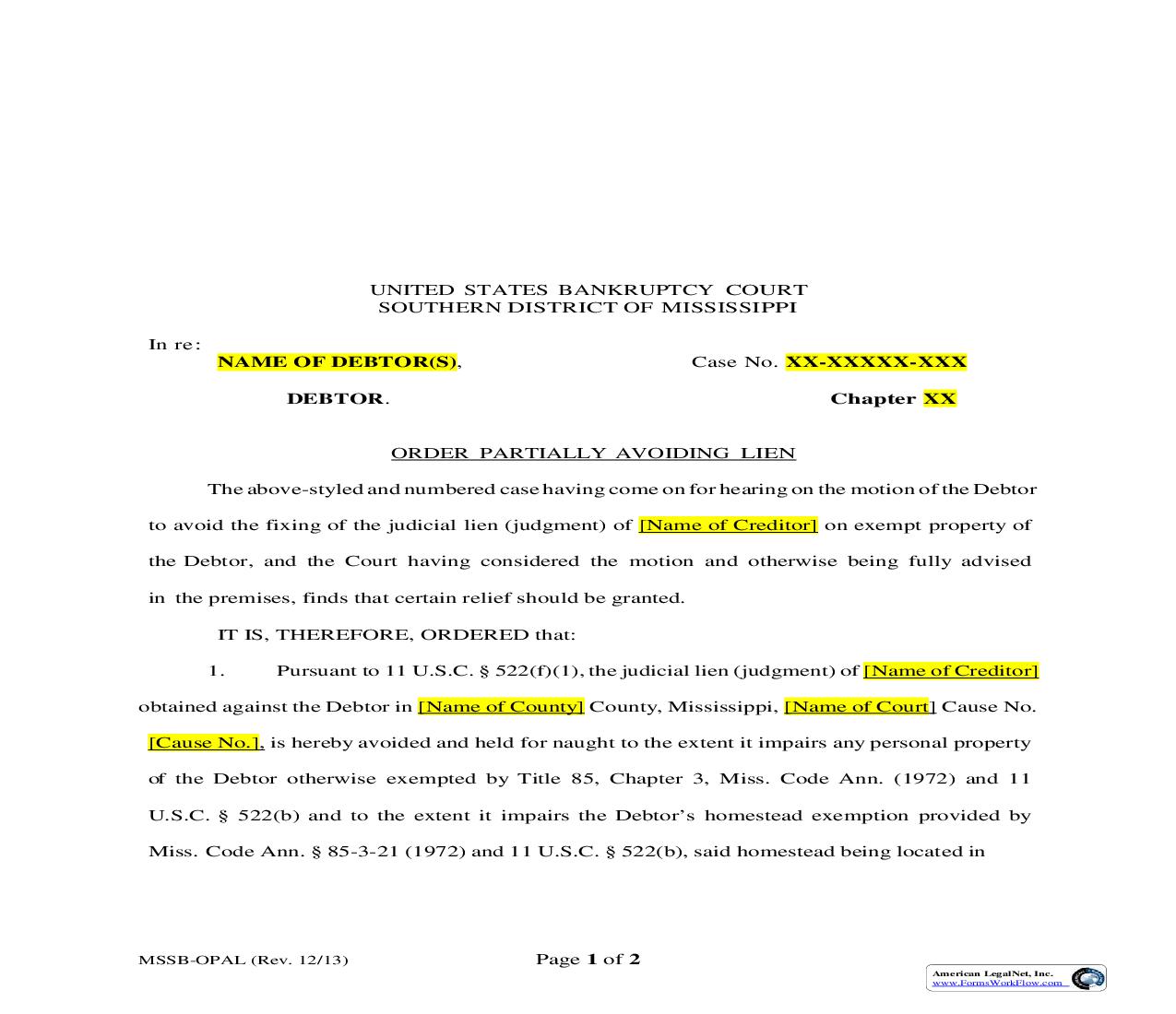 Order Partially Avoiding Lien {MSSB-OPAL} | Pdf Fpdf Doc Docx | Mississippi