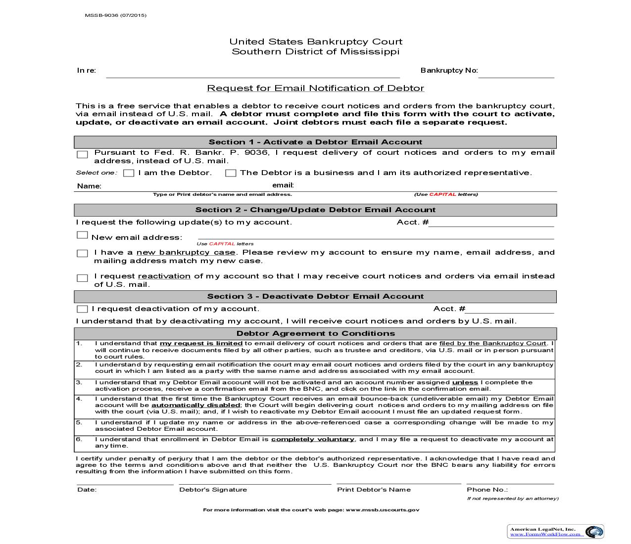 Request For Email Notification Of Debtor {MSSB-9036} | Pdf Fpdf Doc Docx | Mississippi