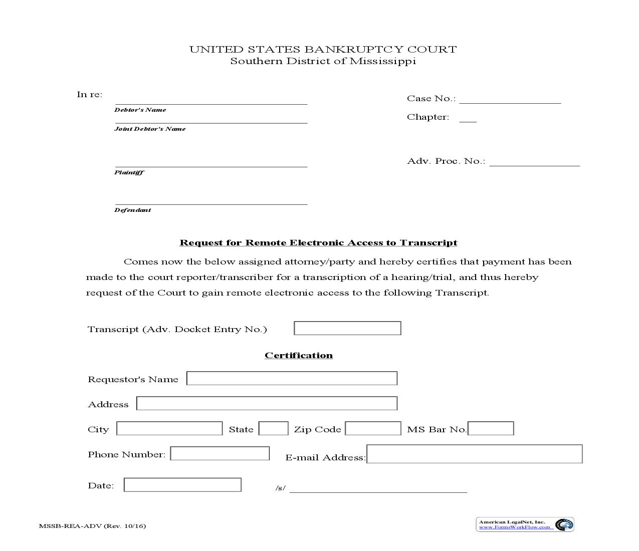 Request For Remote Electronic Access To Transcript (Adversary) {MSSB-REA-ADV} | Pdf Fpdf Doc Docx | Mississippi