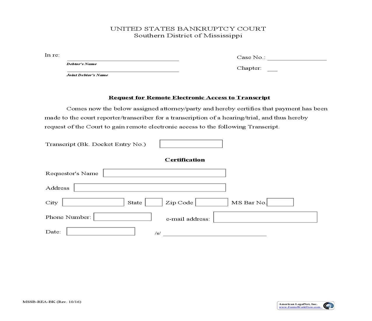 Request For Remote Electronic Access To Transcript (Bankruptcy) {MSSB-REA-BK} | Pdf Fpdf Doc Docx | Mississippi