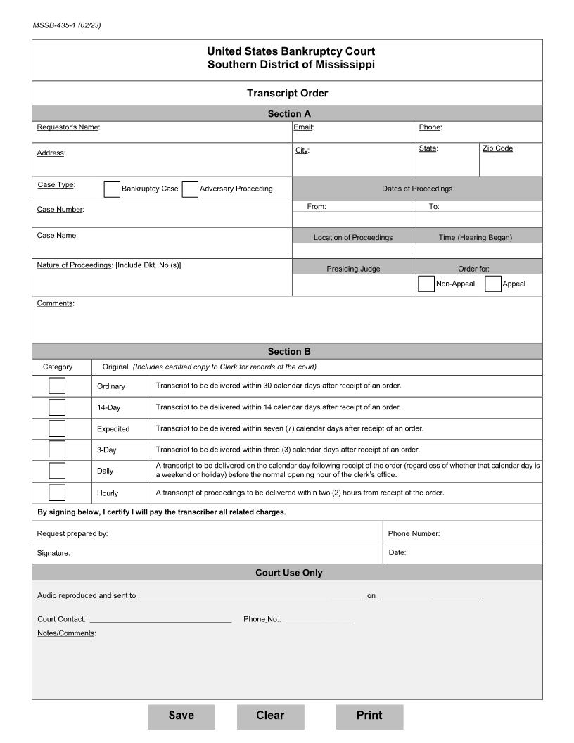 Transcript Order {MSSB-435-1} | Pdf Fpdf Docx | Mississippi