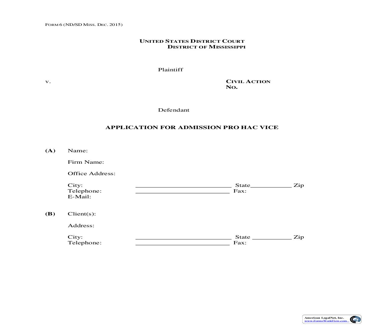 Application For Admission Pro Hac Vice {6} | Pdf Fpdf Doc Docx | Mississippi