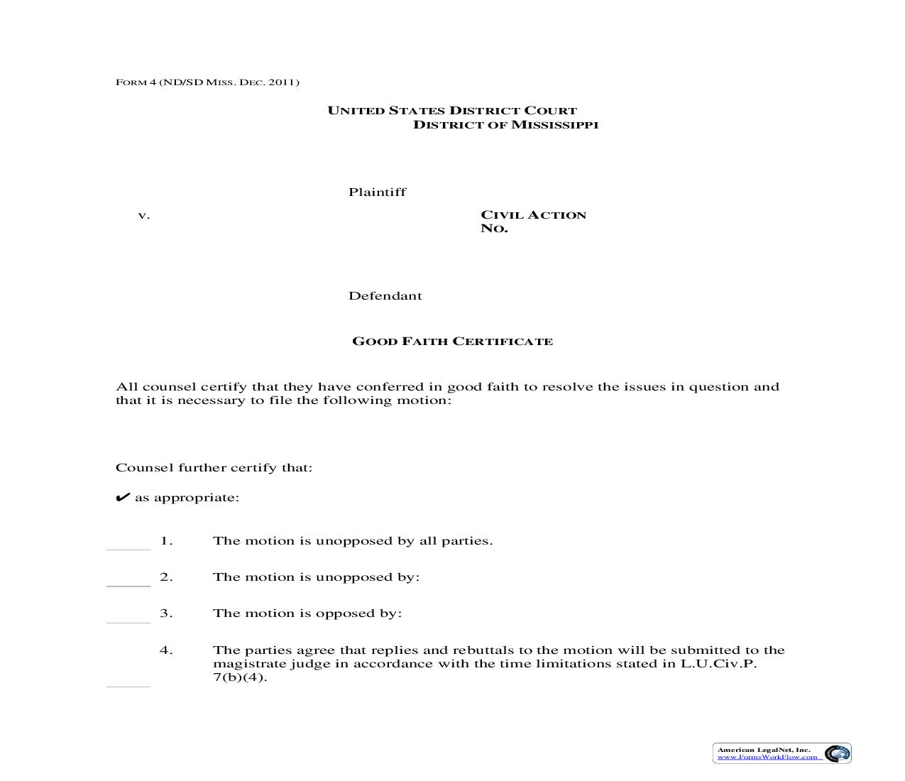 Good Faith Certificate {4} | Pdf Fpdf Doc Docx | Mississippi