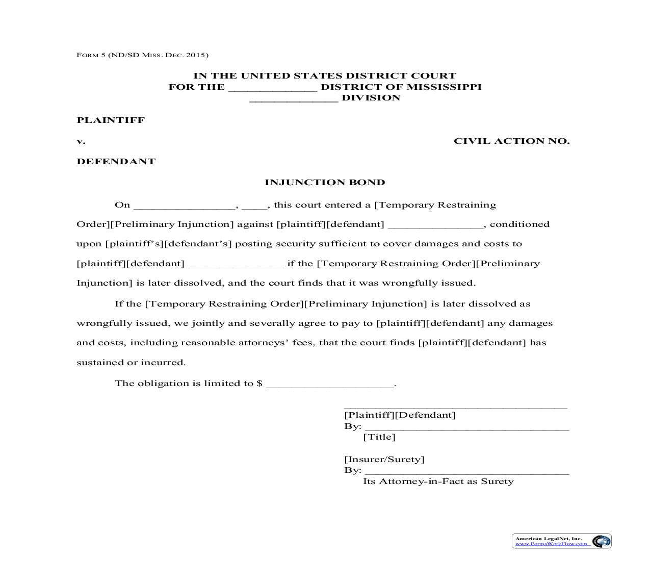 Injuction Bond {5} | Pdf Fpdf Doc Docx | Mississippi