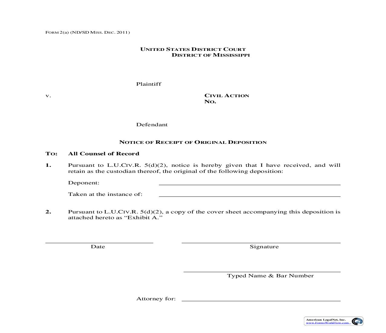 Notice Of Receipt Of Original Deposition {2(a)} | Pdf Fpdf Doc Docx | Mississippi