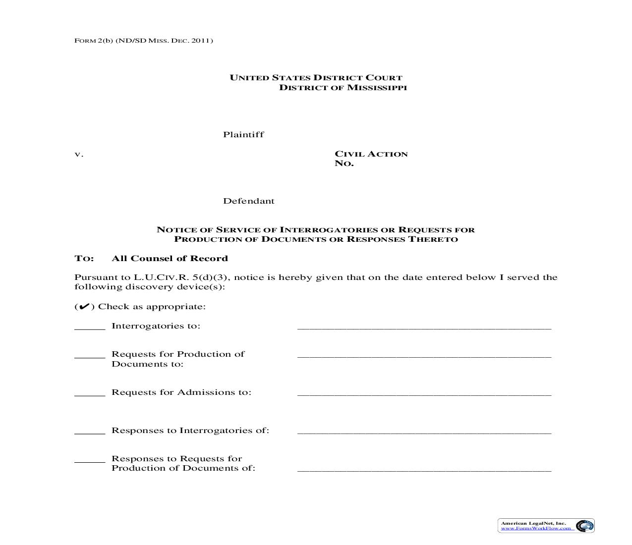 Notice Of Service Of Interrogatories Or Requests For Production Of Documents Or Responses Thereto {2(b)} | Pdf Fpdf Doc Docx | Mississippi