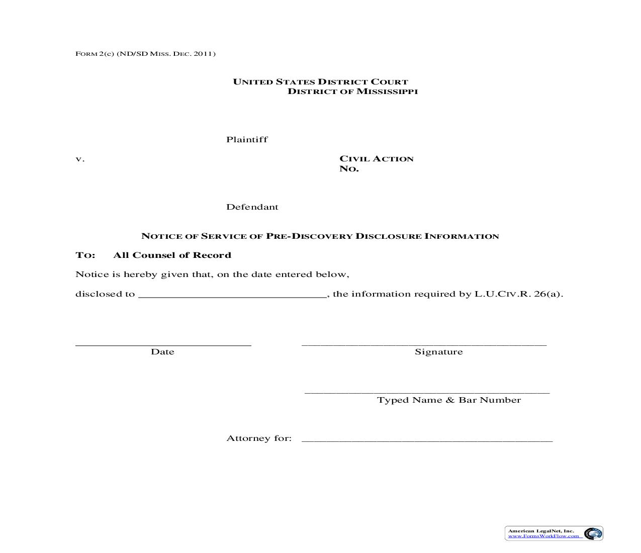 Notice Of Service Of Pre Discovery Disclosure Information {2(c)} | Pdf Fpdf Doc Docx | Mississippi