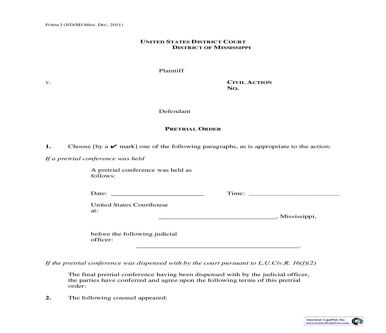 Pretrial Order {3} | Pdf Fpdf Doc Docx | Mississippi