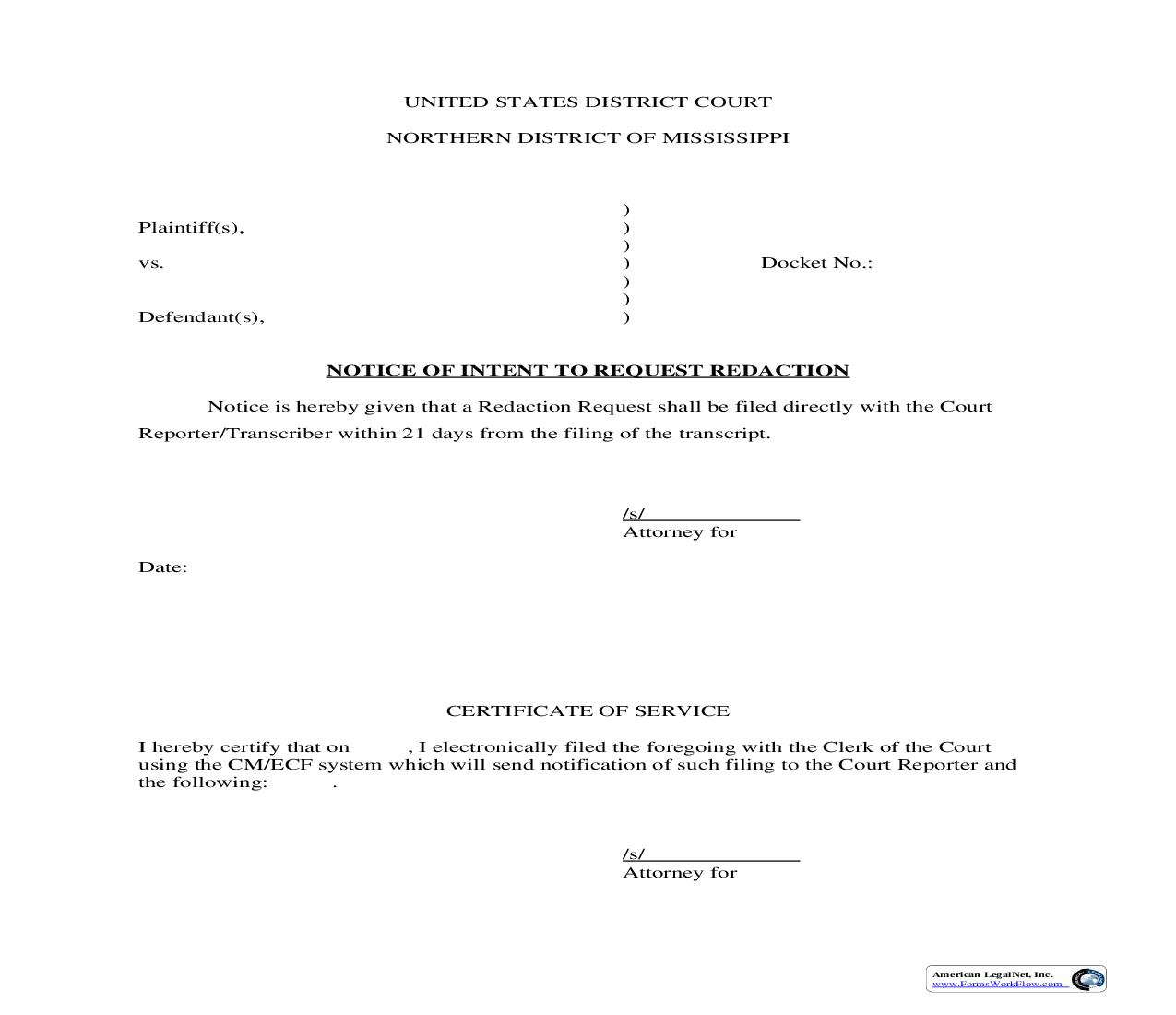 Notice Of Intent To Request Redaction | Pdf Fpdf Doc Docx | Mississippi