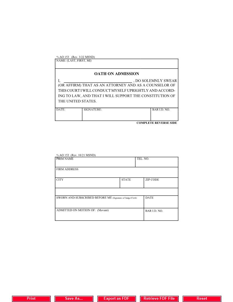 Oath Of Admission {AO 153} | Pdf Fpdf Docx | Mississippi