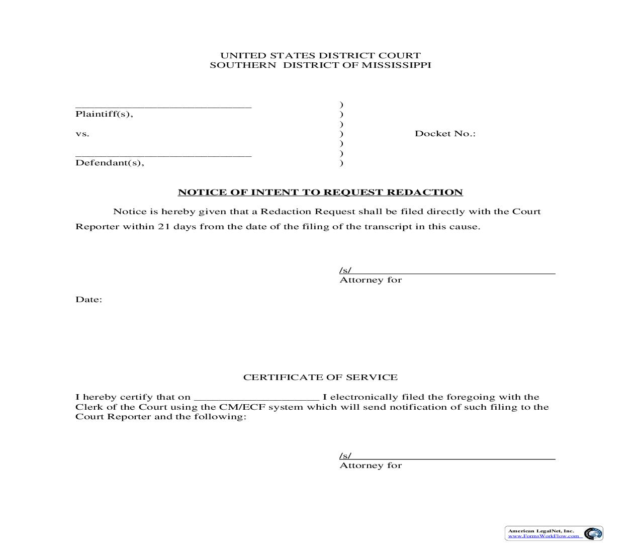 Notice Of Intent To Request Redaction | Pdf Fpdf Doc Docx | Mississippi