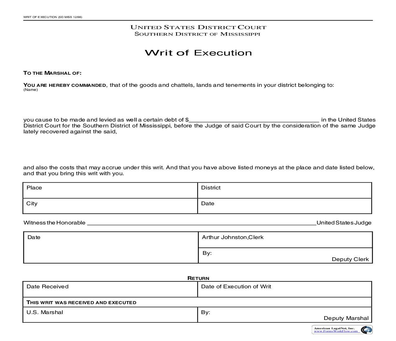 Writ Of Execution | Pdf Fpdf Doc Docx | Mississippi