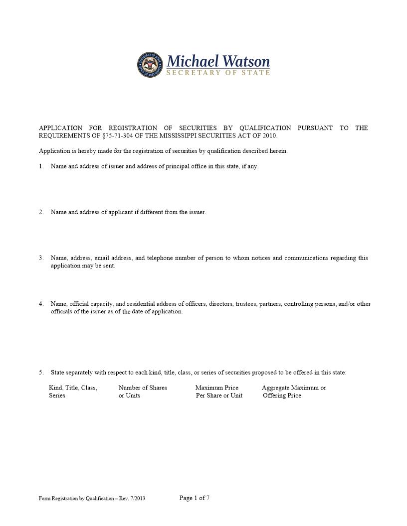 Application For Registration Of Securities By Qualification | Pdf Fpdf Doc Docx | Mississippi