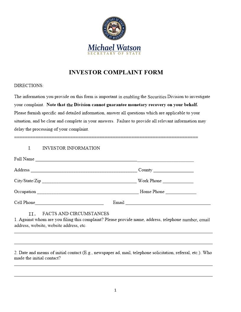 Investor Complaint Form | Pdf Fpdf Doc Docx | Mississippi