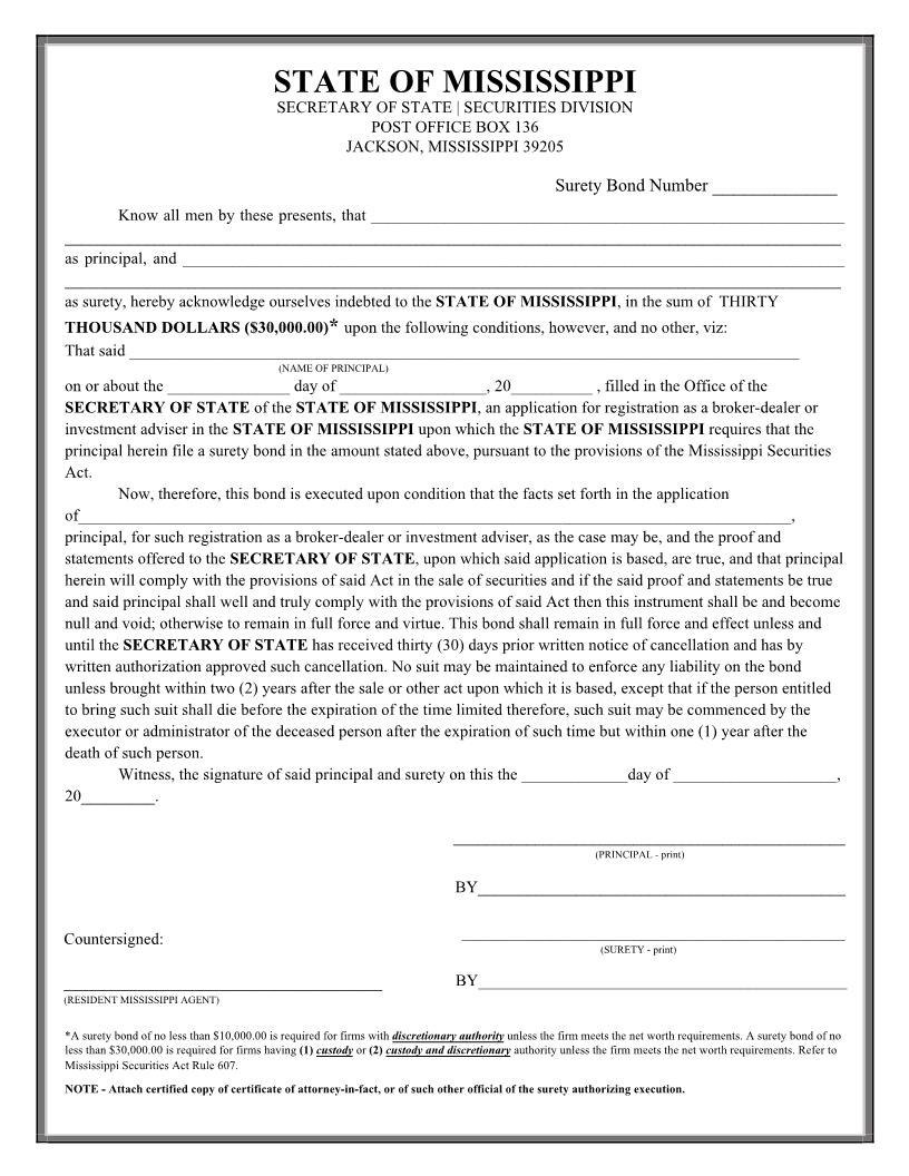 Surety Bond (30K) | Pdf Fpdf Doc Docx | Mississippi