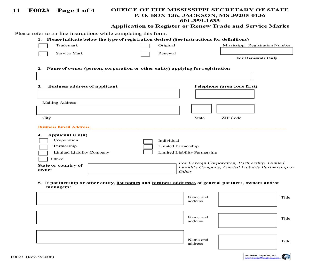 Application To Register Or Renew Trade And Service Marks {F0023} | Pdf Fpdf Doc Docx | Mississippi