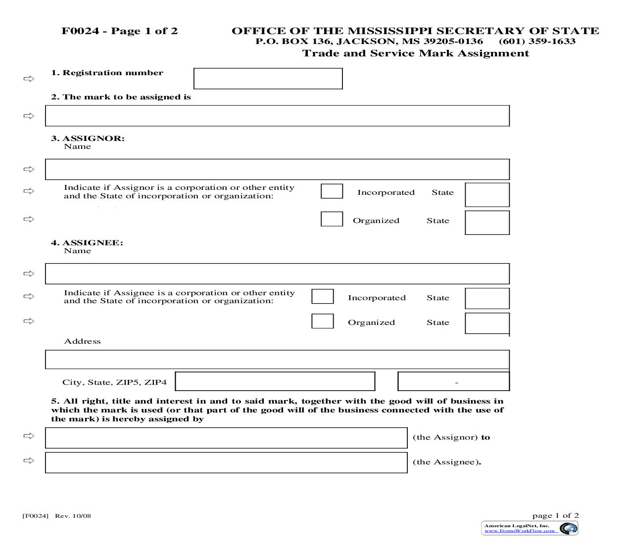 Trade And Service Mark Assignment {F0024} | Pdf Fpdf Doc Docx | Mississippi