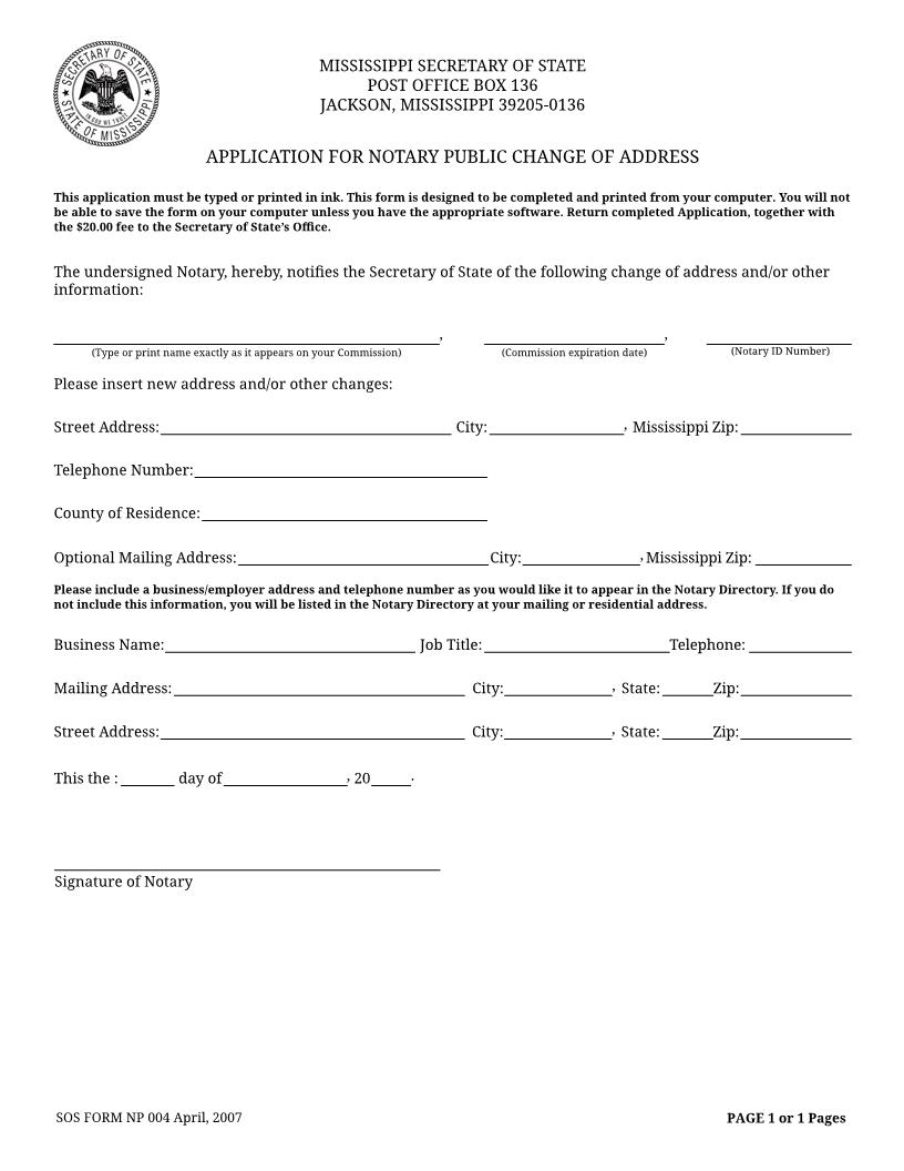 Application For Notary Public Change Of Address {NP-004} | Pdf Fpdf Doc Docx | Mississippi