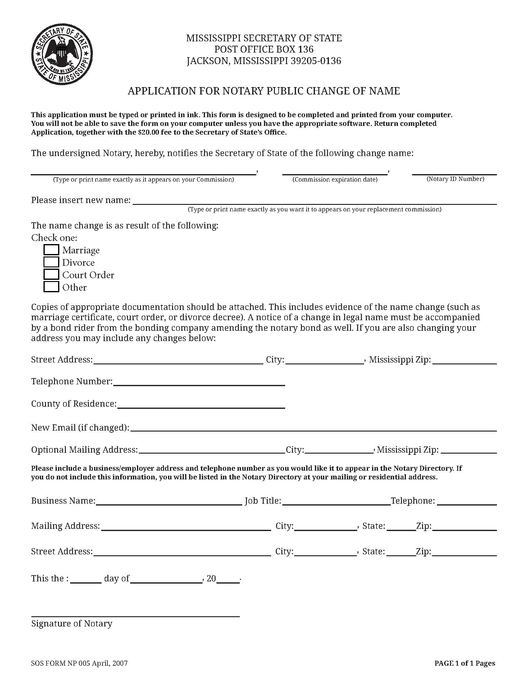 Application For Notary Public Change Of Name {NP-005} | Pdf Fpdf Doc Docx | Mississippi