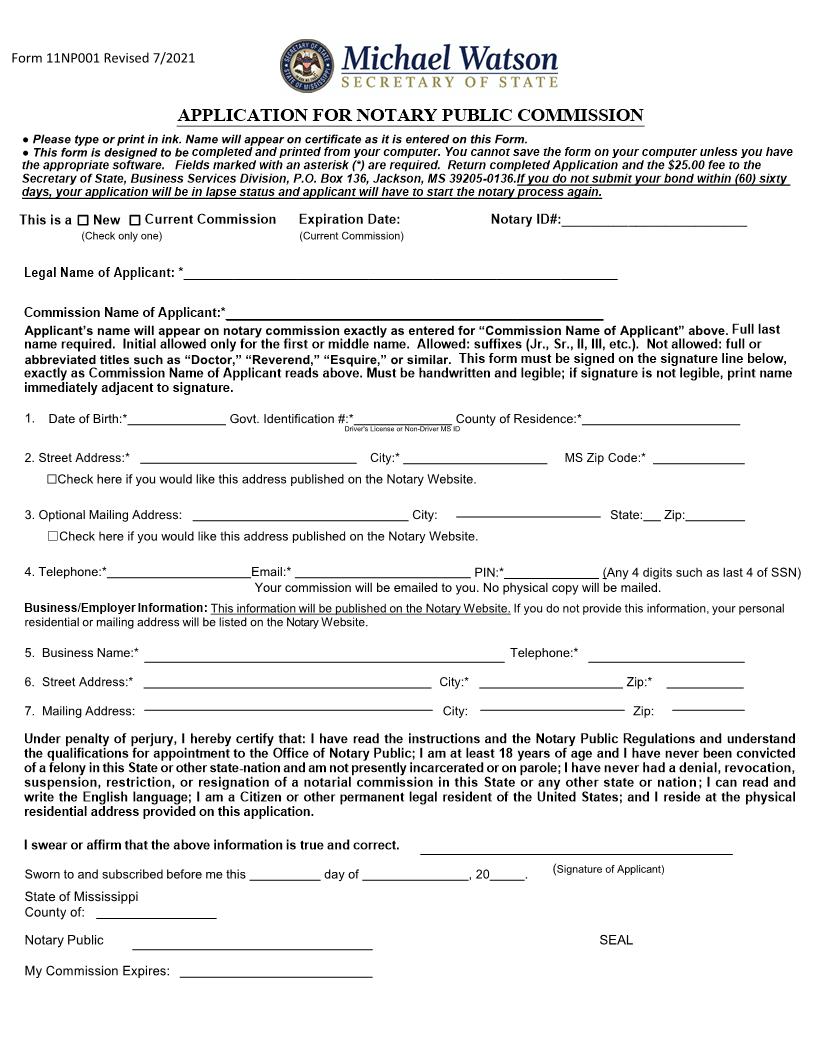 Application For Notary Public Commission {NP-001} | Pdf Fpdf Doc Docx | Mississippi