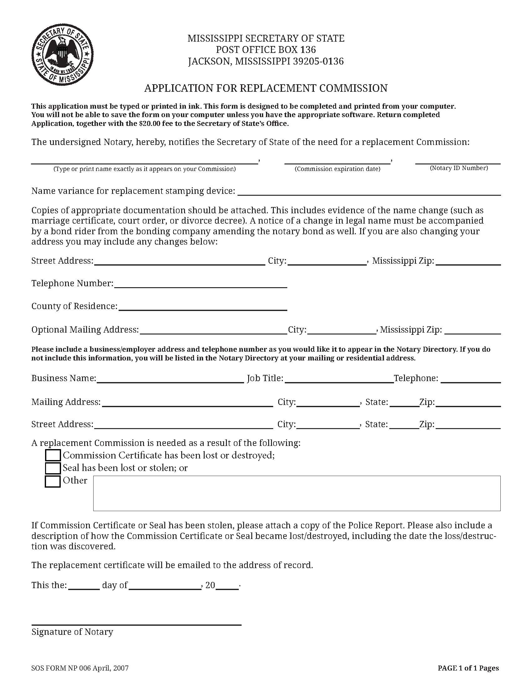 Application For Replacement Commission {NP-006} | Pdf Fpdf Doc Docx | Mississippi