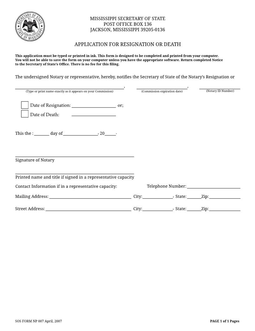 Notice Of Notary Resignation Or Death {NP-007} | Pdf Fpdf Doc Docx | Mississippi