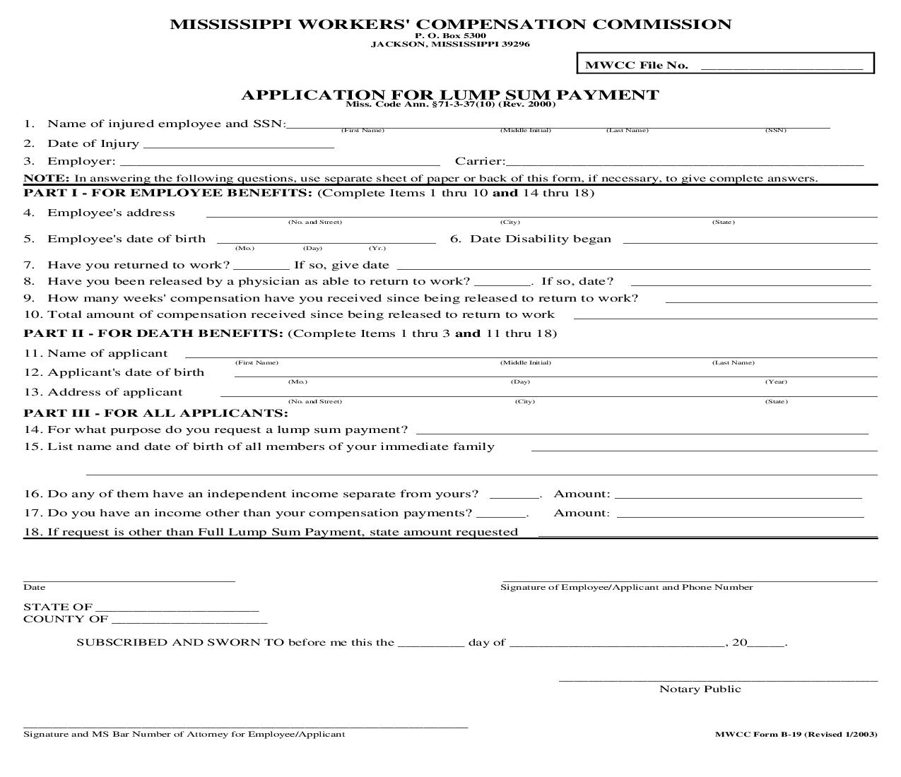 Application For Lump Sum Payment {B-19} | Pdf Fpdf Doc Docx | Mississippi