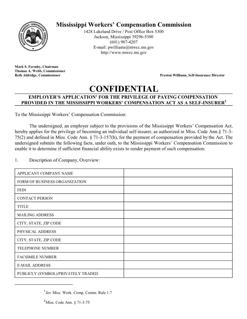 Employers Application For Privilege Of Paying Compensation As Self Insurer {A-2} | Pdf Fpdf Doc Docx | Mississippi