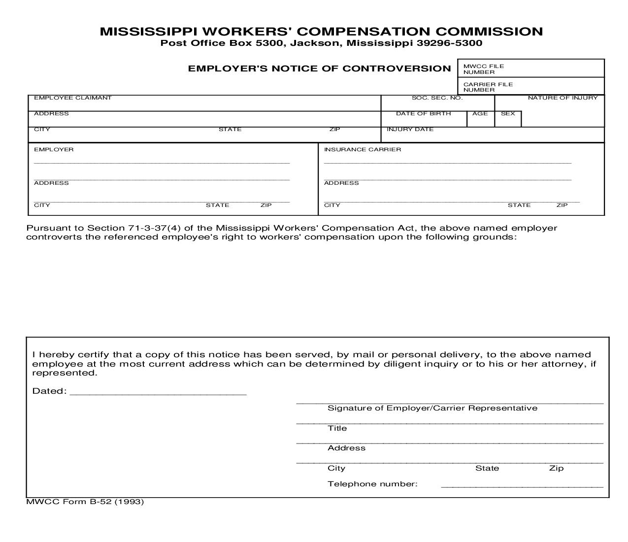 Employers Notice Of Controversion {B-52} | Pdf Fpdf Doc Docx | Mississippi