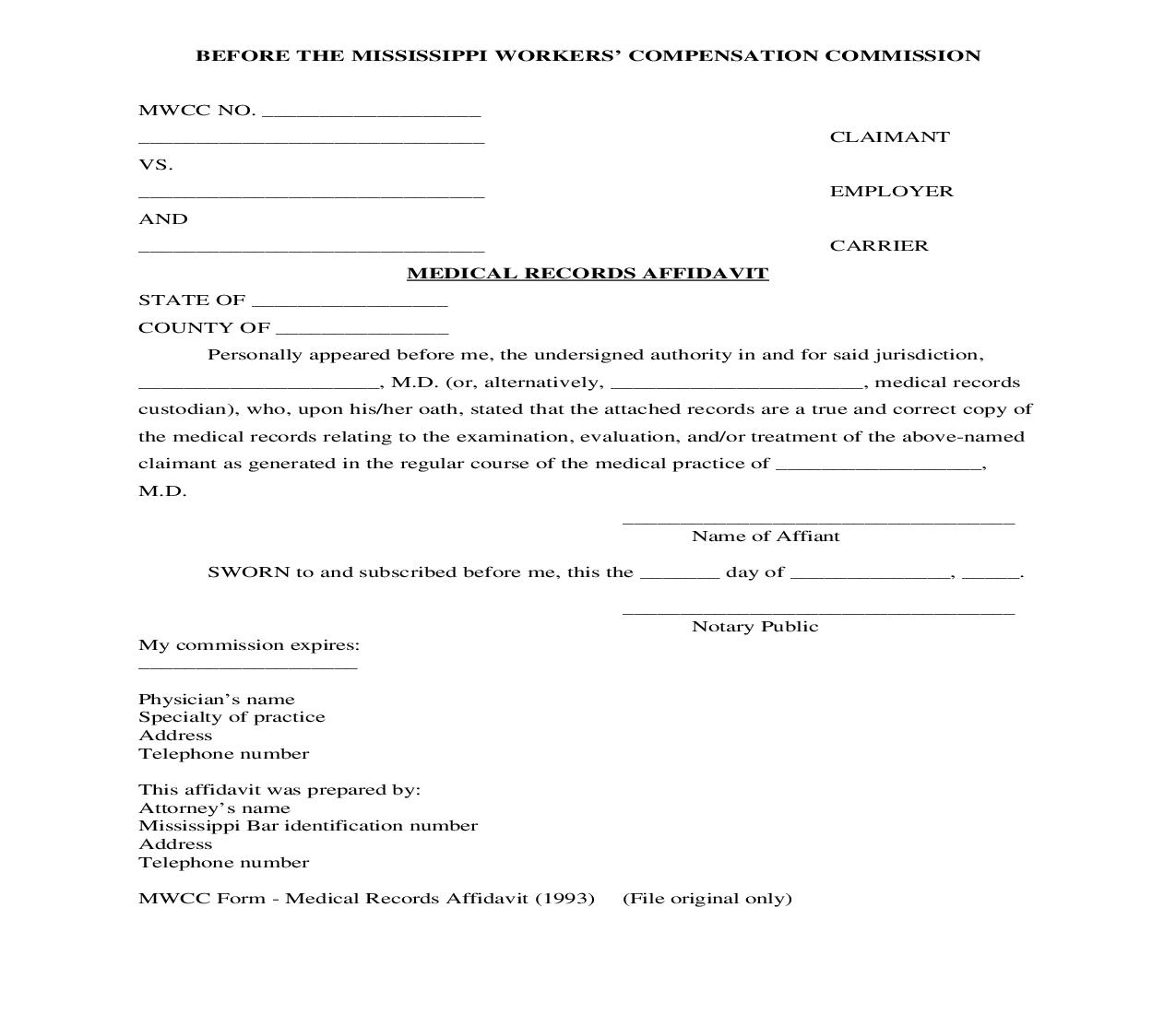 Medical Records Affidavit | Pdf Fpdf Doc Docx | Mississippi