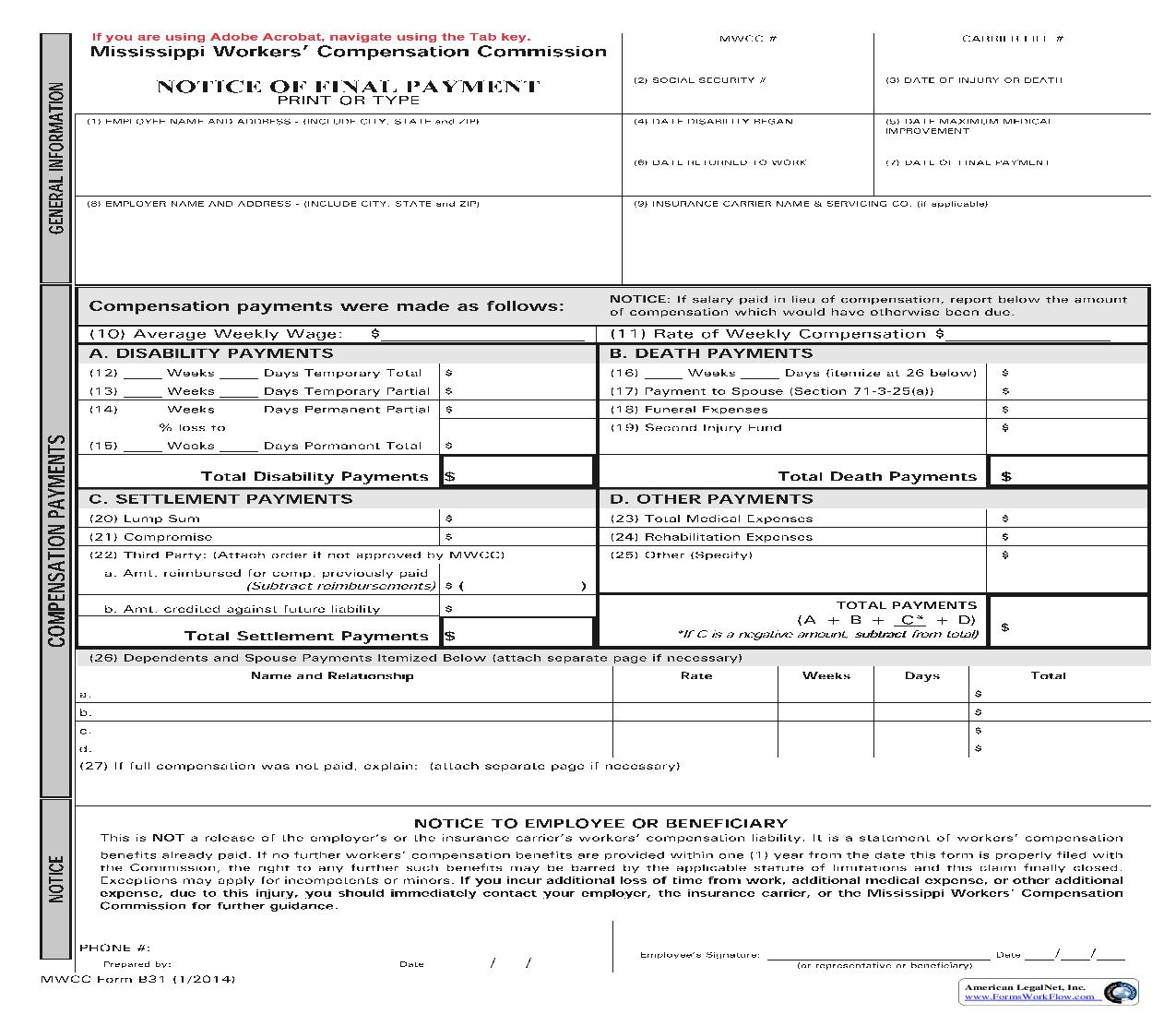 Notice Of Final Payment {B31} | Pdf Fpdf Doc Docx | Mississippi